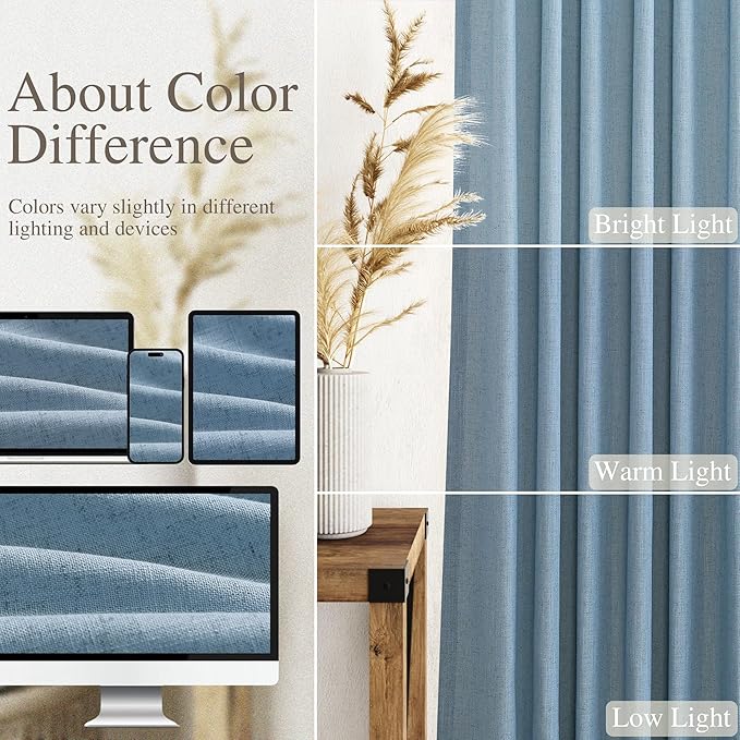 Nanspring Blue Curtains 80 Inches Length for Living Room Back Tab Rod Pocket Semi Sheer Linen Drapes Muted Neutral Boho Dusty Blue Linen Textured Window Curtain for Dining Room Bedroom 52X80 Inch