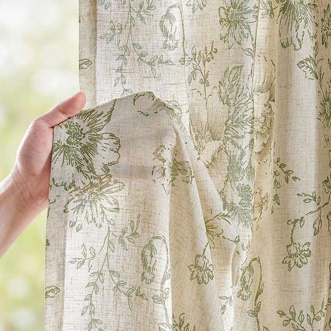jinchan Linen Blend Floral Curtains for Living Room 63 Inch Length Farmhouse Printed Curtain Rod Pocket Back Tab Sage Green Peony Flower Patterned Drapes Bedroom Curtains Set 2 Panels