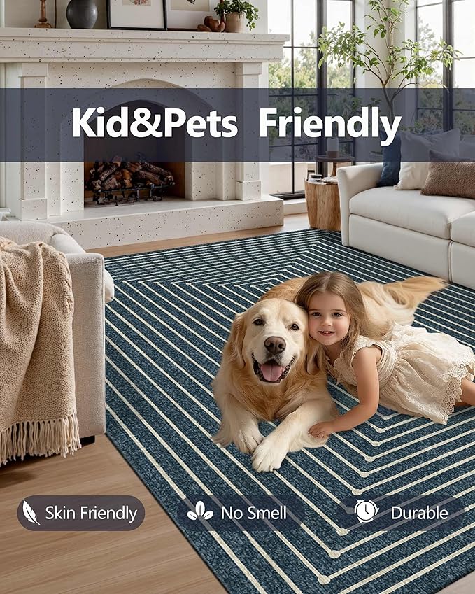 Latte&Fog 5x7 Area Rugs for Living Room Bedroom, Blue Modern Abstract Washable Rug, Boho Non Slip Low Pile Carpet for Indoor Dining Room, Dorm, Classroom, College Dorm, Farmhouse and Kids Room - Blue