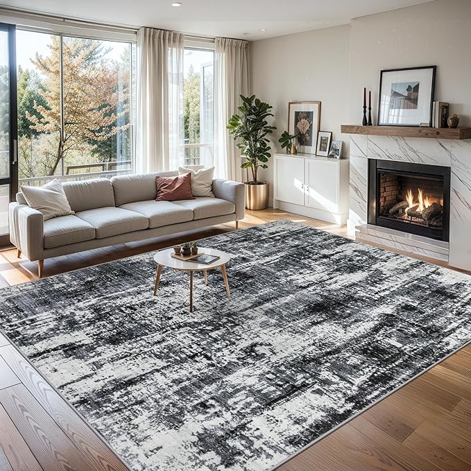 Area Rugs 9x12 Living Room - Washable Rug Modern Abstract Soft Large Neutral Non-Slip Carpet Indoor Floor Thin Carpets for Bedroom Dining Room Farmhouse Nursery Home Office Black