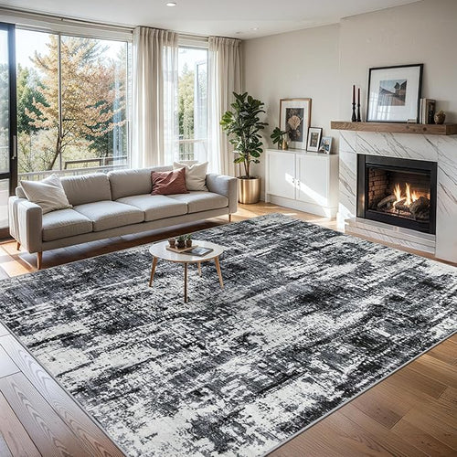 Area Rugs 9x12 Living Room - Washable Rug Modern Abstract Soft Large Neutral Non-Slip Carpet Indoor Floor Thin Carpets for Bedroom Dining Room Farmhouse Nursery Home Office Black