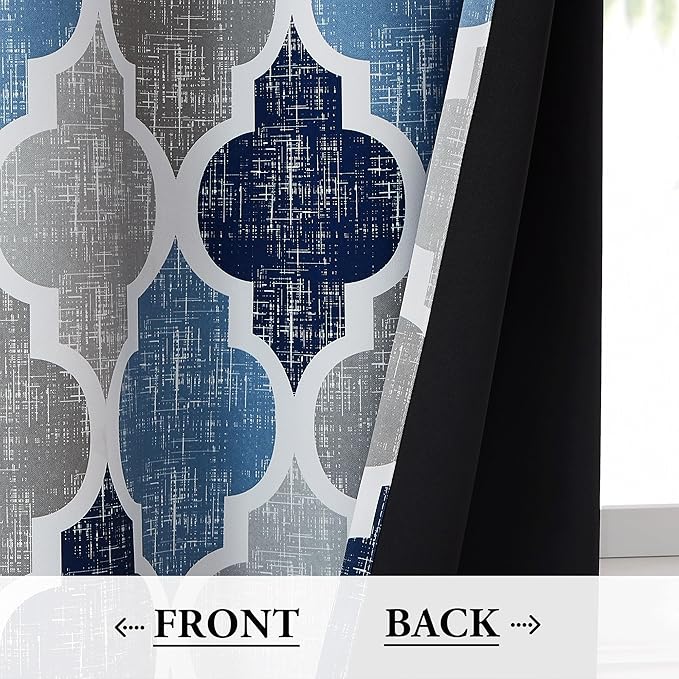 Beauoop 100% Blackout Curtains 96 Inches Long 2 Panels for Bedroom Living Room Blue Grey Moroccan Geo Room Darkening Thermal Insulated Soundproof Rod Pocket Back Tab Window Treatments Drapes, 50x96