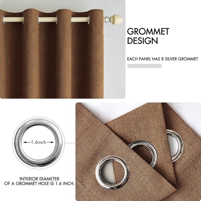 MIULEE Linen Curtains 100% Blackout for Bedroom Thermal Insulated Brown Grommet Room Darkening Curtains & Drapes Fall Decor for Living Room Nursery 52 x 72 Inch (2 Panels)