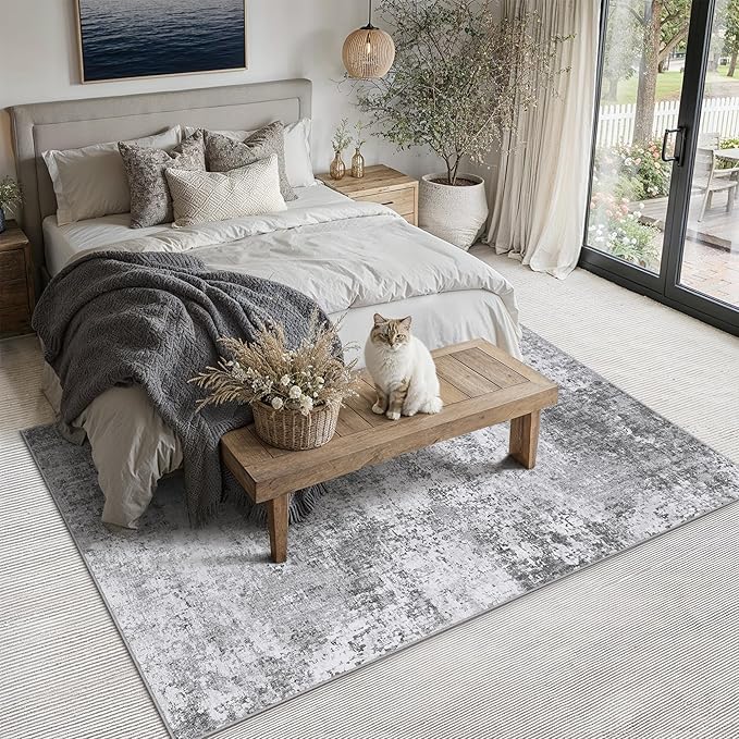 PureCozy 8x10 Grey Area Rug Washable Modern Abstract Living Room Carpet Non Slip Neutral Low Pile Soft Contemporary Gray Bedroom Large Rug Indoor Office Dining Room Playroom