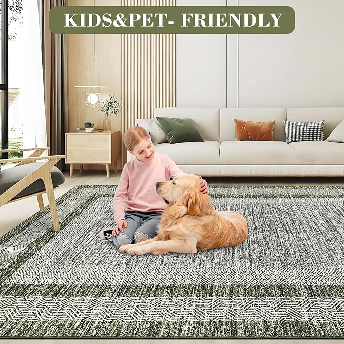 GarveeHome Small Bedroom Area Rug 3x5 Bordered Area Rug for Living Room Nursery Non Slip Kitchen Throw Carpet Low Pile Modern Rugs Washable Bathroom Mat Soft Green Rugs for Laundry Entryway