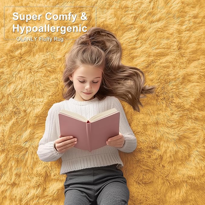 OLANLY 2x8 Machine Washable Runner Rugs for Hallway, Soft Fluffy Shaggy Bedside Rugs for Bedroom, Living Room, Indoor Floor Carpet for Kids Girls and Boys, Home Decor Aesthetic, Mustard Yellow
