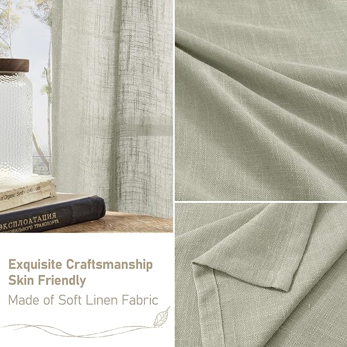 LAMIT Sage Grey Linen Boho Curtains 80 inch Length 2 Panels, Light Filtering Semi Sheer Panels Back Tab and Rod Pocket Neutral Drapes for Bedroom/Living Room, 52 x 80 Inch