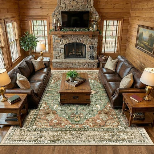 Area Rugs 9'x12' Washable Non-Slip, Floral Vintage Distress Print Pattern Medallion Carpet for Living Room Bedroom Dining Room, Brick Red Rust Neutral Brown Burnt Orange Green