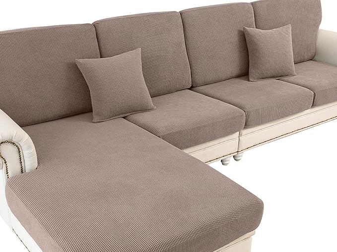 Couch Cushion Covers for Sectional Sofa L Shape Washable Separate Seat Chaise Couch Cover Stretch Sofa Slipcovers with 2 Pcs Pillowcases(2 Seater + 1 Chaise, Khaki)
