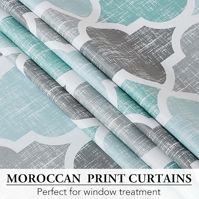 Beauoop 100% Blackout Curtains 96 Inches Long 2 Panels for Bedroom Living Room Aqua Grey Moroccan Geo Room Darkening Thermal Insulated Soundproof Grommet Top Window Treatments Drapes, 50x96 Set of 2