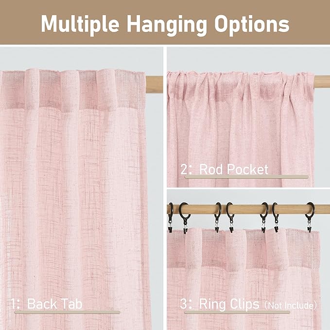 LAMIT 95 Inches Long Pink Linen Curtains for Living Room, Back Tab and Rod Pocket Semi Sheer Curtains Light Filtering Farmhouse Drapes for Bedroom/Dining Room, Set of 2, 52 x 95 Inch