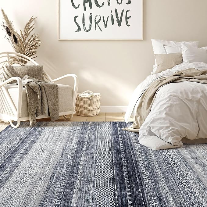 Nakagishi Area Rug 6x9 Living Room: Washable Boho Large Neutral Soft Modern Rugs Stain Resistant Moroccan Indoor Non-Slip Accent Carpet for Bedroom Nursery Kids Playroom Office Dining Room Dorm- Blue