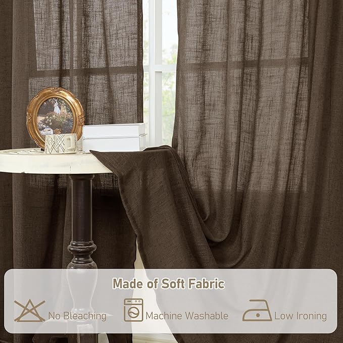 LAMIT Linen Curtains 30 Inch Length for Cafe, Semi Sheer Light Filtering Panels Back Tab and Rod Pocket Neutral Drapes for Basement/Window/Loft Room, Dark Brown, 2 Panels, 34 x 30 Inch