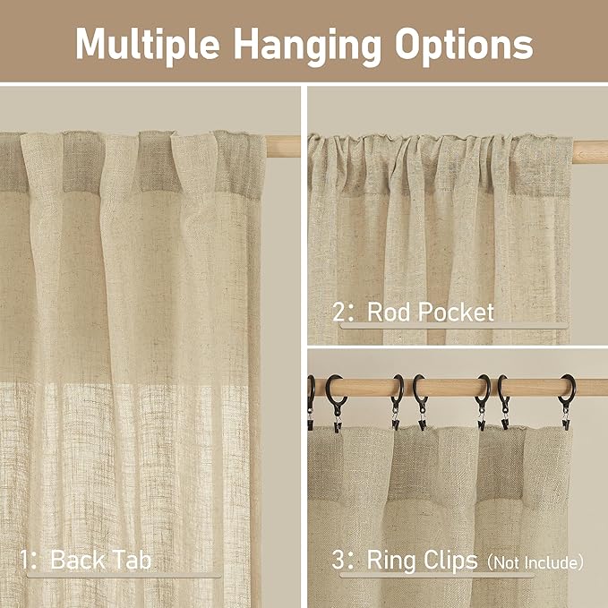 LAMIT Natural Linen Semi Sheer Curtains 63 Inch for Bedroom, Light Filtering Curtains Farmhouse Boho Back Tab and Rod Pocket Drapes for Dining Room, 2 Panels (38 x 63 Inch, Linen)