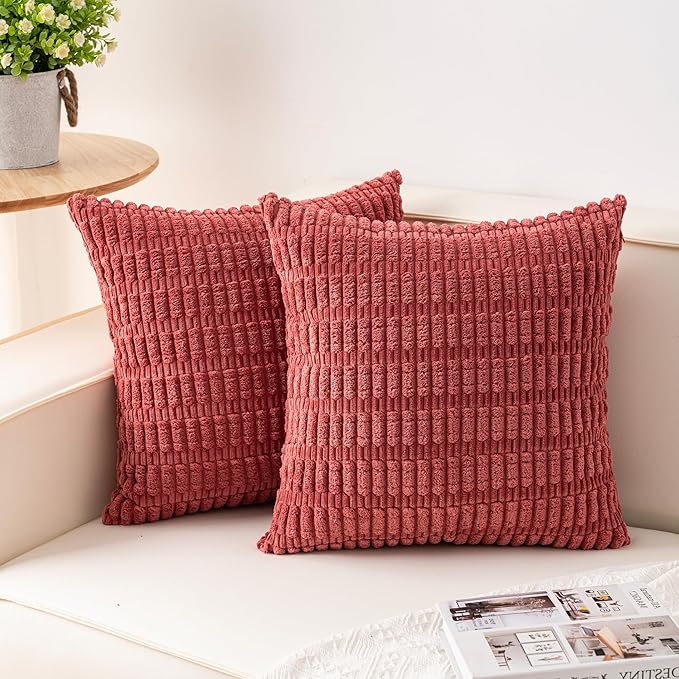 Pack of 2 Corduroy Decorative Throw Pillow Covers 20x20 InchSoft Boho Striped Pillow Covers Modern Farmhouse Home Decor for Sofa Living Room Couch Bed（Cranberry Red）