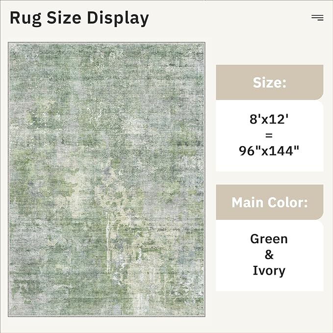 Washable Area Rug 8x12, Large Soft Rugs for Living Room Vintage Green/Ivory Carpet 8x12 Area Rugs for Bedroom Dining Room Non-Slip Stain Resistant Under Table Rug