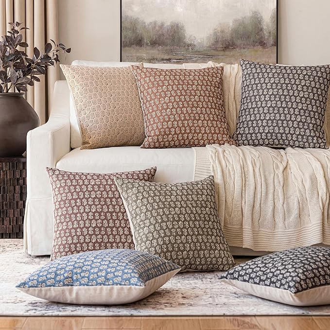 Foindtower Set of 2 Decorative Vintage Floral Print Throw Pillow Covers Neutral Modern Farmhouse Cushion Covers Boho Home Decor for Sofa Couch Chair Bedroom Living Room,24×24 Inch,Rustic Gray