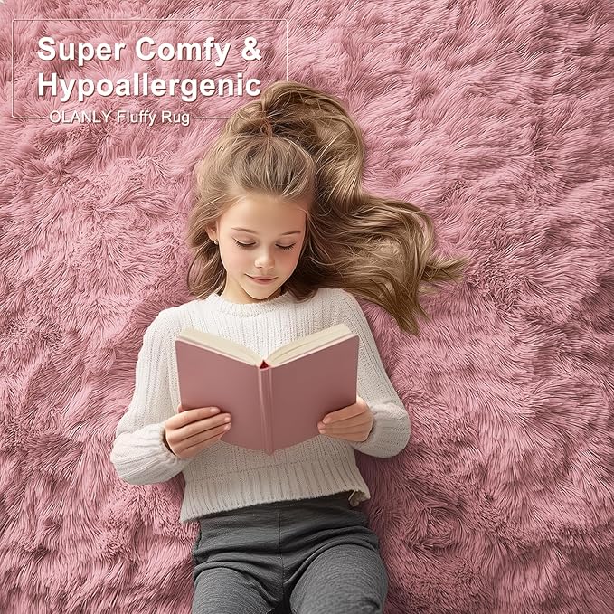 OLANLY 2x4 Machine Washable Runner Rugs for Hallway, Soft Fluffy Shaggy Bedside Rugs for Bedroom, Living Room, Indoor Floor Carpet for Kids Girls Boys, Nursery Rooms, Home Decor Aesthetic, Pale Pink