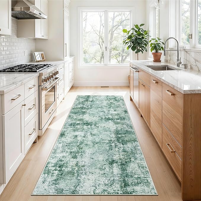 3x6 Washable Entryway Runner Rug: Non Slip Wide Hallway Runners Easy-to-Clean - Soft Living Room Bedroom Kitchen Carpet - Thin Low Pile Printed Floor Mat for Dining Room Green