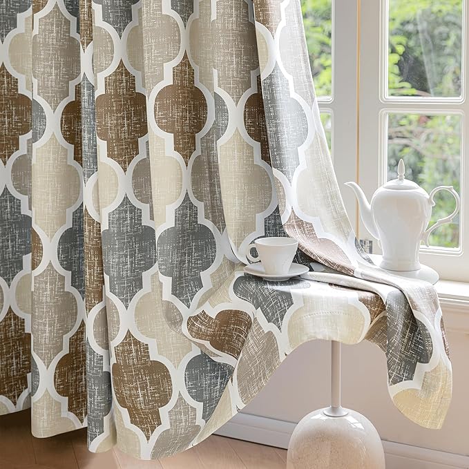 Beauoop 100% Blackout Curtains 84 Inches Long 2 Panels for Bedroom Living Room Brown Grey Moroccan Geo Room Darkening Thermal Insulated Soundproof Grommet Top Window Treatments Drapes, 50x84 Set of 2