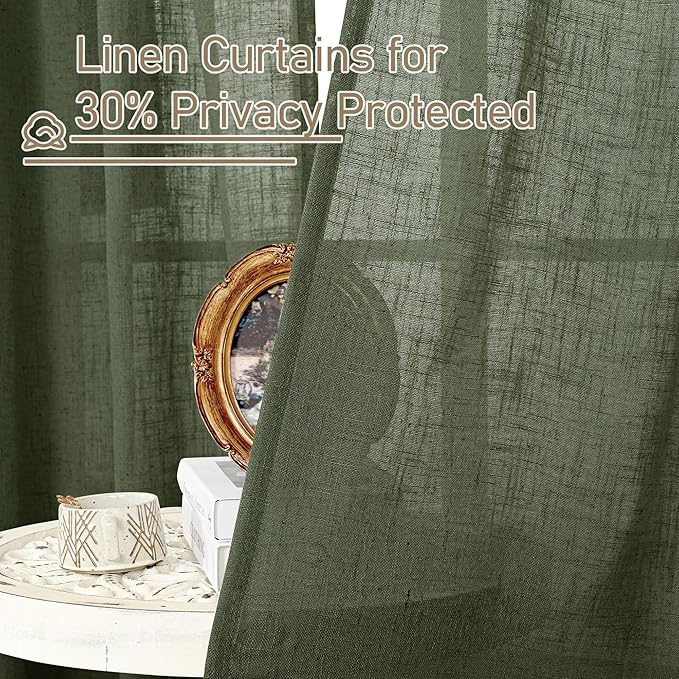 LAMIT Light Filtering Linen Curtains 72 inches Long for Bedroom, Linen Textured Semi Sheer Back Tab and Rod Pocket Boho Drapes for Small Window/Living Room, Olive Green, 2 Panels, 34 x 72 Inch
