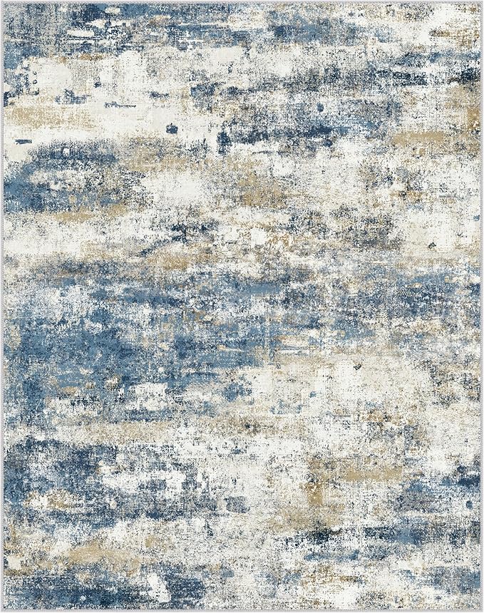 BEIMO Machine Washable Rug 8x10 Area Rugs for Living Room Bedroom, Large Navy Blue Beige Abstract Area Rug Soft Throw Rugs, Low-Pile Floor Carpet with Non Slip Rubber Backing