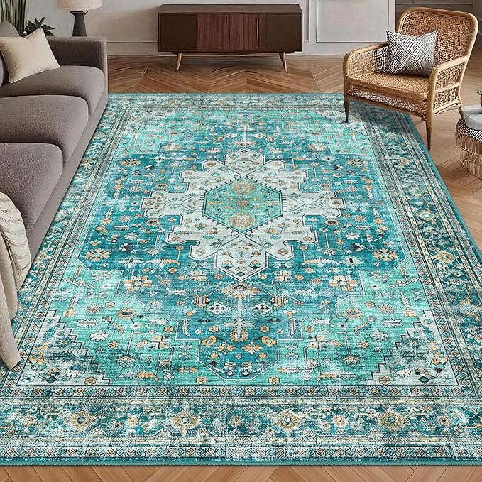 Washable Area Rug 5' x 7' Vintage Traditional Persian Mat - Foldable Distressed Non-Slip Machine Washable Carpet for Living Room Bedroom Kitchen Home Decor - Teal and Gold