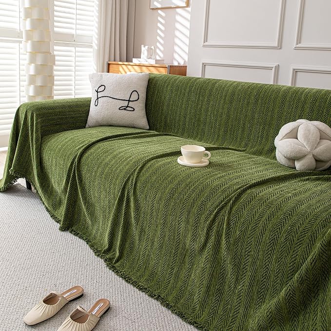 Boho Chenille Couch Cover for Dogs, Non Slip Sofa Cover, Couch Slipcover Covers for 3 Cushion, Furniture Protector with Tassels for Pets Washable, 71"x118", Fishbone Green