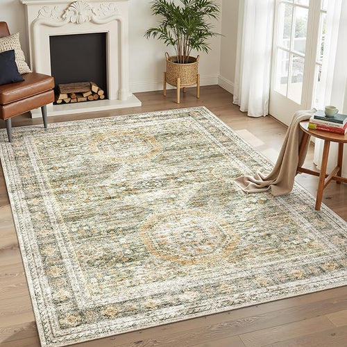 5x7 Area Rugs Green Orange Low Pile Indoor Washable Trendy Faded Style Rugs for Bedroom Living Room Dining Room Foldable Non-Slip Thin Print Mat