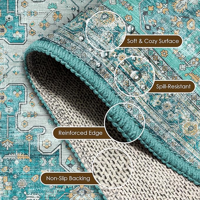 Washable Area Rug 5' x 7' Vintage Traditional Persian Mat - Foldable Distressed Non-Slip Machine Washable Carpet for Living Room Bedroom Kitchen Home Decor - Teal and Gold