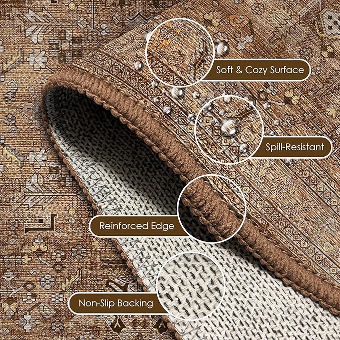 Washable Area Rug 4' x 6' Vintage Traditional Persian Mat - Foldable Distressed Non-Slip Machine Washable Carpet for Living Room Bedroom Kitchen Home Decor - Bronze and Ivory
