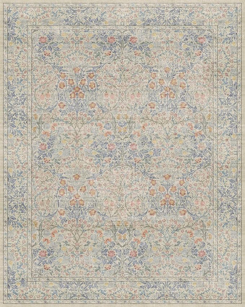 8x10 Washable Rug for Living Room - Stain Resistant Dining Room Rugs for Under Table, Soft Low Pile Large Carpet for Bedroom - Vintage Floral Non-Slip (8x10 Beige Blue)