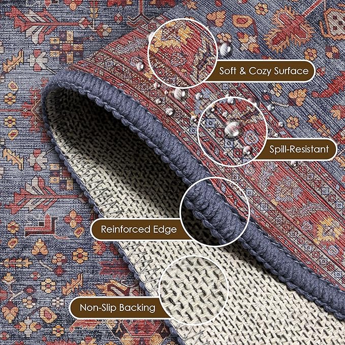 Washable Area Rug 3' x 5 ' Vintage Traditional Persian Mat - Foldable Distressed Non-Slip Machine Washable Carpet for Living Room Bedroom Kitchen Home Decor - Indigo and Crimson